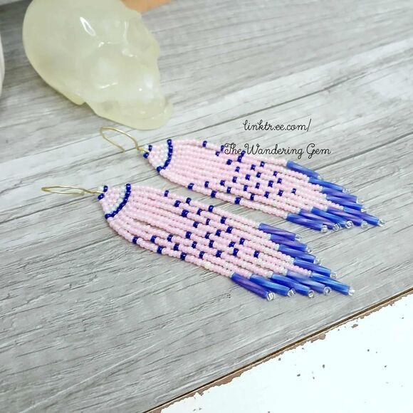Pink & Blue Beaded Fringe Cascade Shoulder Duster Dangle Earrings, Boho Chic 4" - Picture 6 of 7